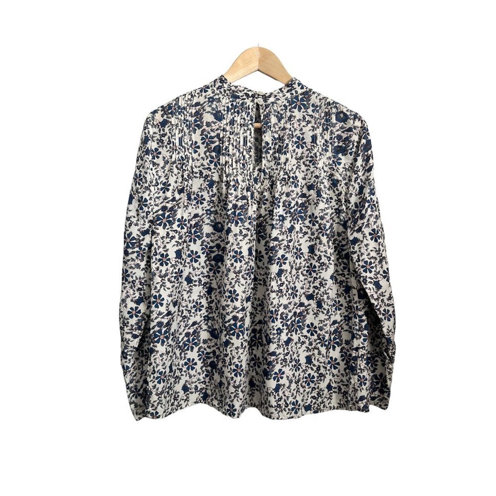 Apiece Apart Sez Pinktuck Silk Floral Print Long Sleeve Blouse White and Blue - Picture 3 of 9